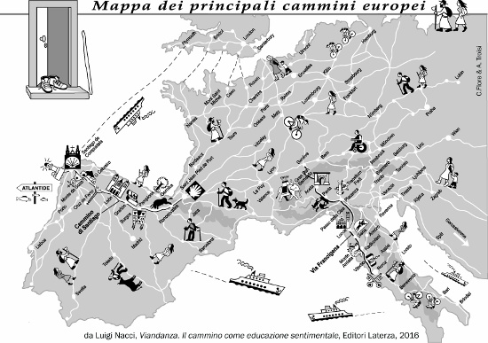 La mappa dei principali cammini dell’Europa occidentale, dal libro di Luigi Nacci