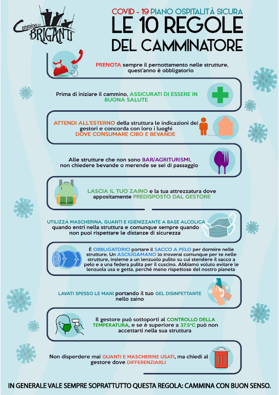 LE 10 REGOLE DEL CAMMINATORE. Covid-19, Piano ospitalità sicura, Cammino dei Briganti. In generale vale sempre sopratutto questa regola: cammina con buon senso.