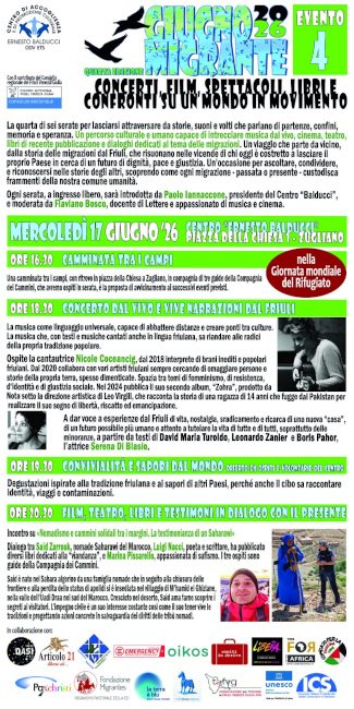 Giugno migrante. Concerti, film, spettacoli, libri. Confronti su un mondo in movimento. Mercoledì 17 giugno, Zugliano.