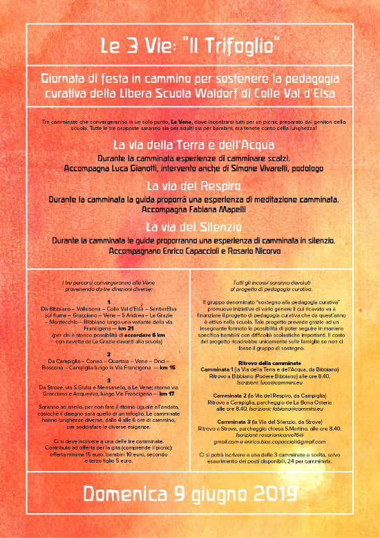 LE 3 VIE: IL TRIFOGLIO. Domenica 9 giugno 2019. Giornata di festa in cammino per sostenere la pedagogia curativa della Libera Scuola Waldorf di Colle Valle d'Elsa.
